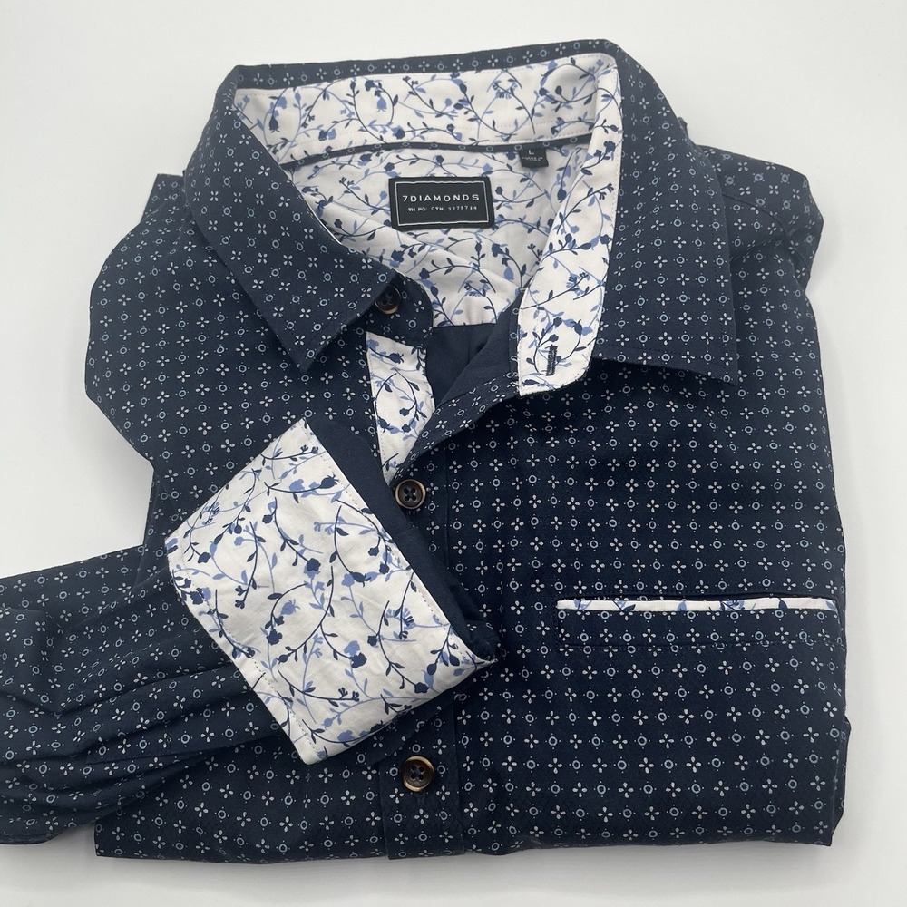7 Diamonds Buckle Shirt Mens L BlueGeometric Long‎ Sleeve Button Up Flip Cuff